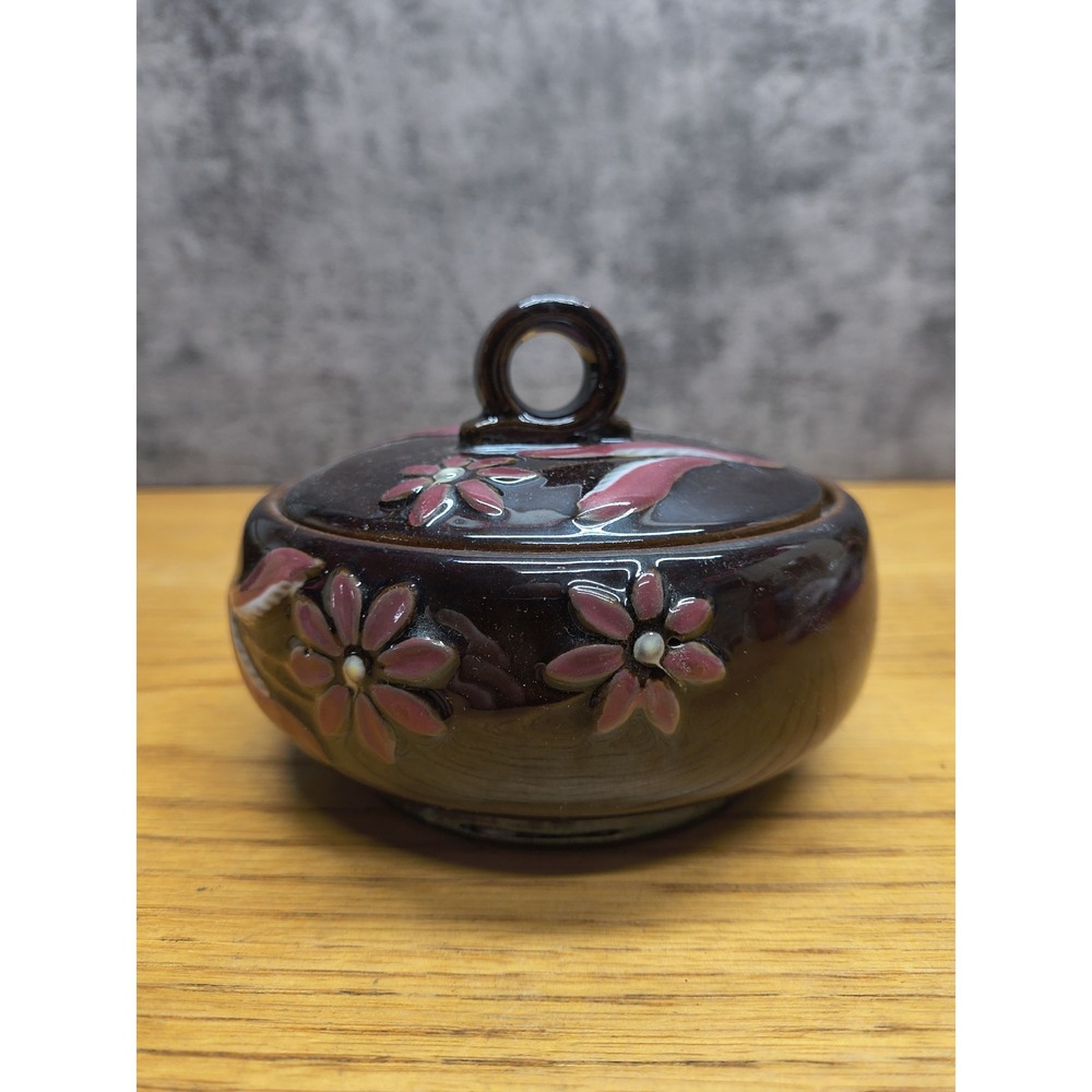 VINTAGE Red Clay Raised Floral Design Hand Painted Lidded Bowl Made in Japan